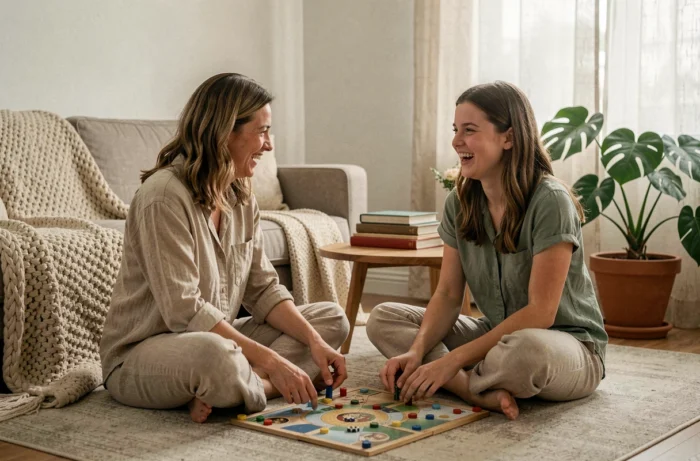 Mère et adolescente complices jouant à un jeu de société dans un salon douillet