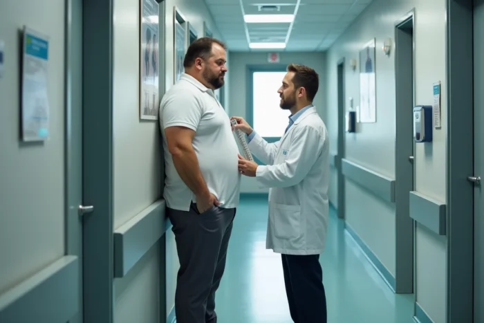 Homme mesurant une taille record debout à côté d'un stadiomètre médical dans un couloir clinique, assisté par un professionnel de santé