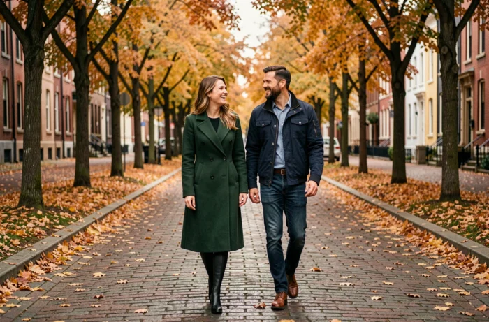 Couple se promenant sur un boulevard parisien en automne, illustrant la relation discrète et complice entre Michelle White et Donald Glover
