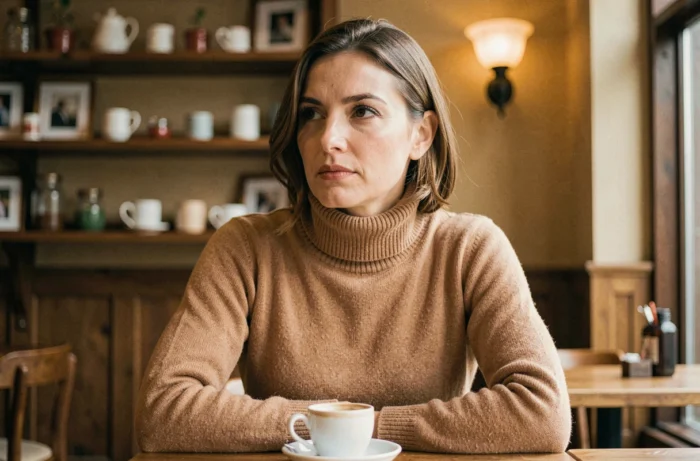 Femme pensive attablée dans un café parisien avec un espresso, portrait intimiste illustrant la personnalité mystérieuse de Michelle White
