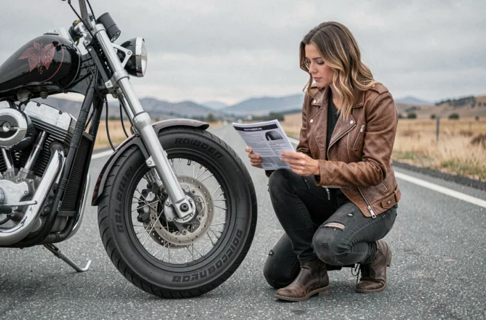 Motarde consultant un guide de pneus devant sa moto custom chopper garée sur une route asphaltée