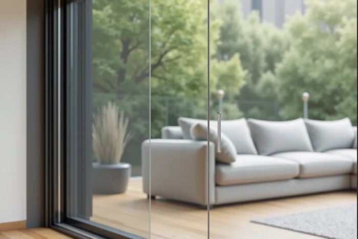 Moustiquaire coulissante installée sur une grande baie vitrée 300x220 dans un salon moderne avec vue sur jardin