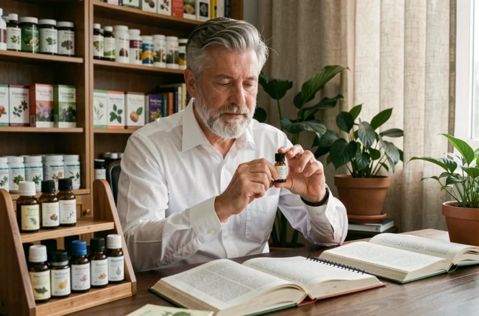 Naturopathe masculin examinant un flacon d'huile essentielle dans son cabinet de consultation entouré de livres de médecine naturelle