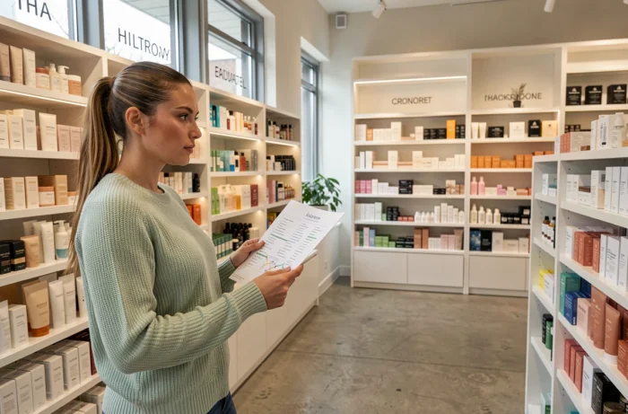 Femme consultant un plan de navigation dans une boutique beauté moderne aux rayons bien organisés