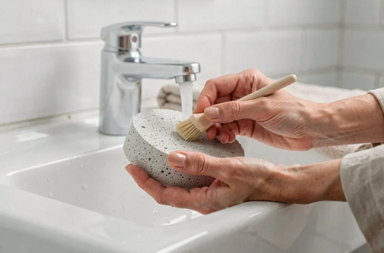 Femme nettoyant une pierre ponce sous l'eau du robinet avec une brosse douce dans une salle de bain blanche