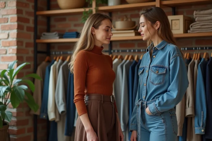 Deux femmes explorant des vêtements dans un concept store tendance aux murs en briques, nouvelles inspirations mode