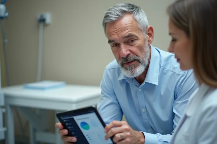 Patient diabétique en consultation médicale avec son médecin regardant une application de suivi de santé sur tablette
