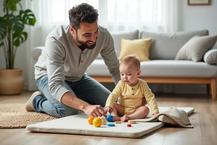 Père jouant avec son bébé de six mois sur un tapis de jeu coloré dans un salon moderne et chaleureux