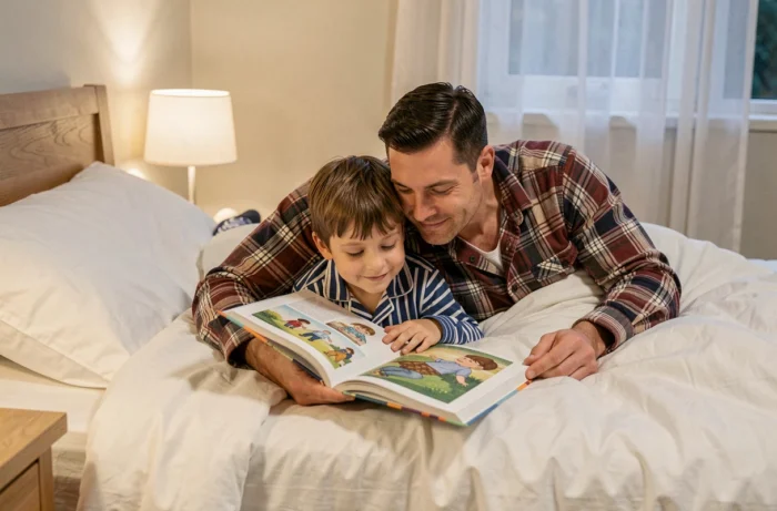 Père lisant un livre illustré à son fils en pyjama dans une chambre douillette lors d'un rituel lecture du soir
