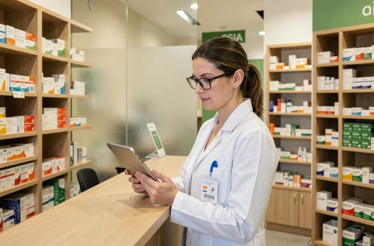 Pharmacienne en blouse blanche consultant une tablette numérique derrière le comptoir d'une pharmacie moderne