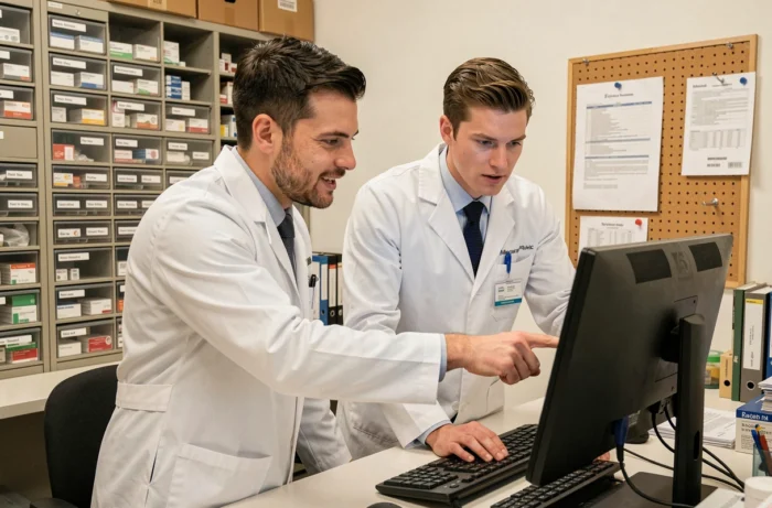Deux pharmaciens en blouse blanche collaborant devant un ordinateur dans l'arrière-boutique d'une pharmacie