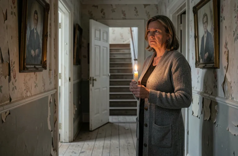 Femme tenant une bougie dans un couloir sombre d'une vieille maison victorienne, expression troublée face à une porte entrouverte