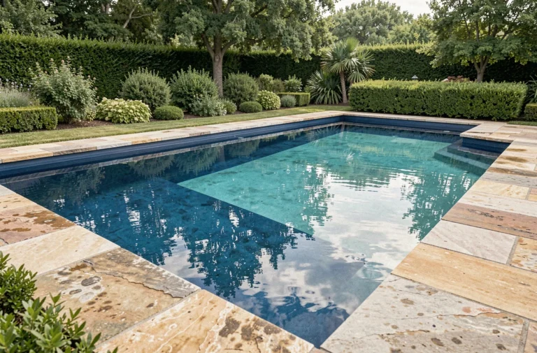 Piscine rectangulaire avec coque bleu océan reflétant une eau turquoise dans un jardin privé bien entretenu