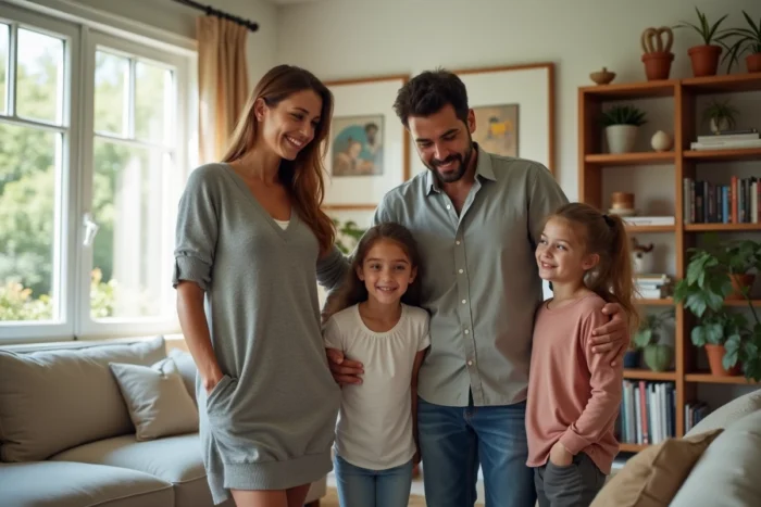 Portrait de famille dans un salon contemporain, illustrant la vie familiale et l'environnement domestique d'une personnalité publique