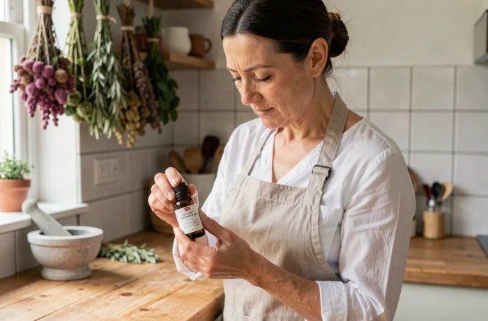 Femme lisant attentivement l'étiquette d'un flacon d'huile essentielle en verre ambré dans une cuisine naturelle décorée d'herbes séchées