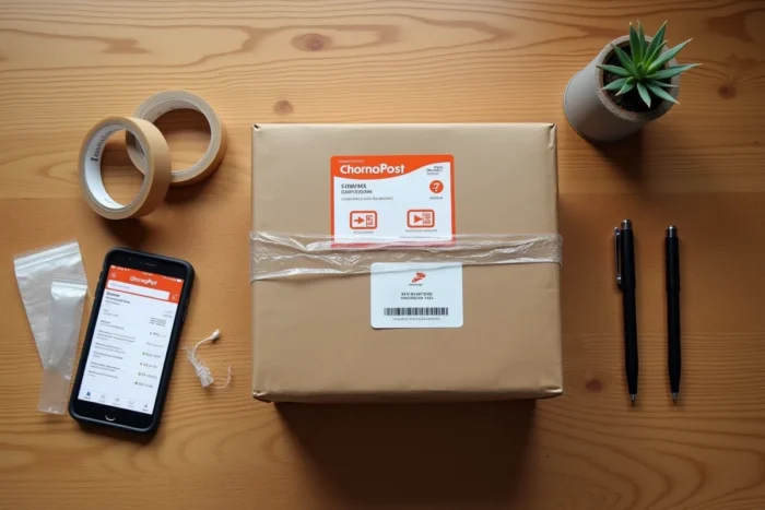 Colis Chronopost prêt à être déposé avec étiquette imprimée, application mobile de suivi et reçu d'expédition posés sur une table en bois