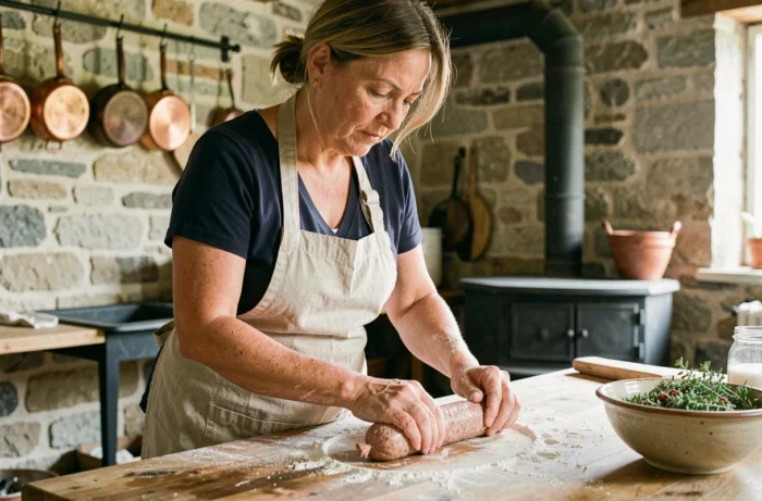 Femme ardéchoise préparant une maoche traditionnelle à la main dans une cuisine de ferme en pierre