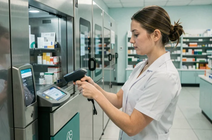 Préparatrice en pharmacie scannant des médicaments à côté d'un robot de dispensation automatisé