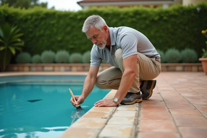 Homme réparant les fissures du carrelage d'une piscine avec un produit d'étanchéité, alternative à la rénovation complète