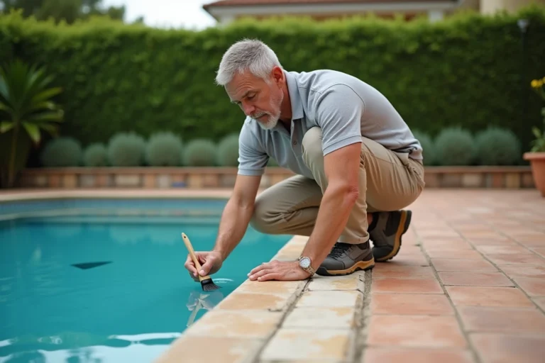 Homme réparant les fissures du carrelage d'une piscine avec un produit d'étanchéité, alternative à la rénovation complète