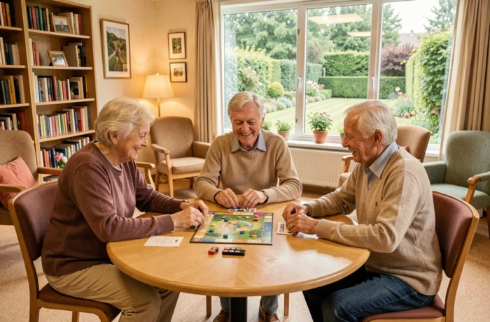 Un groupe de résidents âgés jouant à un jeu de société ensemble dans la salle commune d'une maison de repos belge avec des sourires naturels