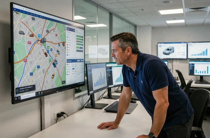Responsable logistique analysant un système de suivi de flotte GPS en temps réel sur un écran de contrôle en entreprise