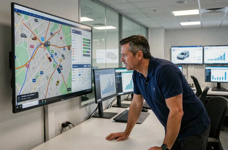 Responsable logistique analysant un système de suivi de flotte GPS en temps réel sur un écran de contrôle en entreprise