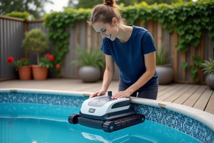 Femme installant un robot nettoyeur sur une piscine hors-sol rénovée, solution économique à la réfection complète