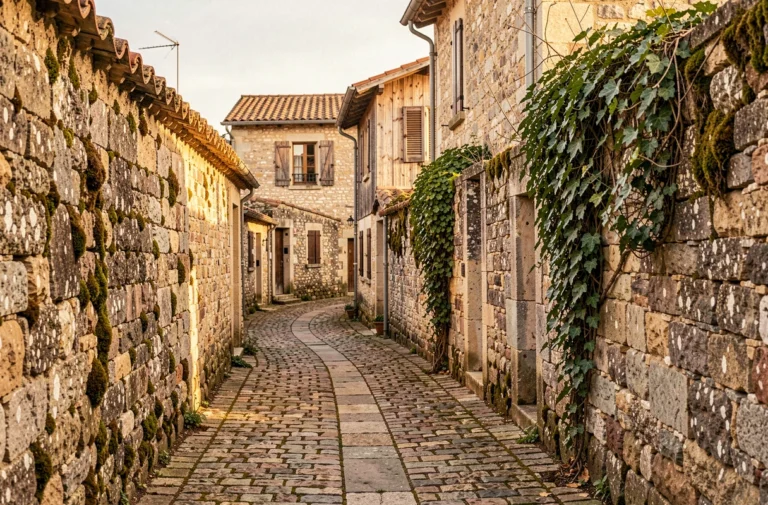 Ruelle pavée en pierre dans le village de Saignac en France, entourée de vieilles maisons en calcaire avec volets en bois et toits en tuiles