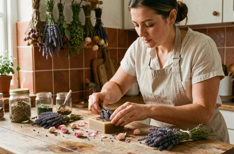Femme préparant un savon maison parfumé avec des fleurs séchées de lavande et de rose sur un plan de travail en bois rustique