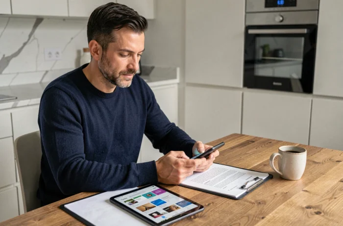 Homme à domicile sécurisant ses documents salariés avec l'application MyPeopleDoc sur Android