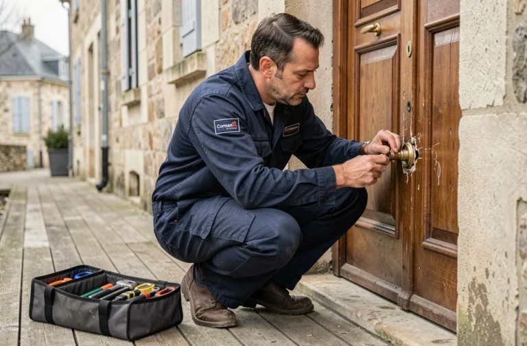 Serrurier professionnel inspectant une serrure endommagée sur une porte d'appartement