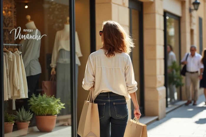 Femme faisant du shopping devant une boutique ouverte le dimanche dans le centre-ville de Marseille