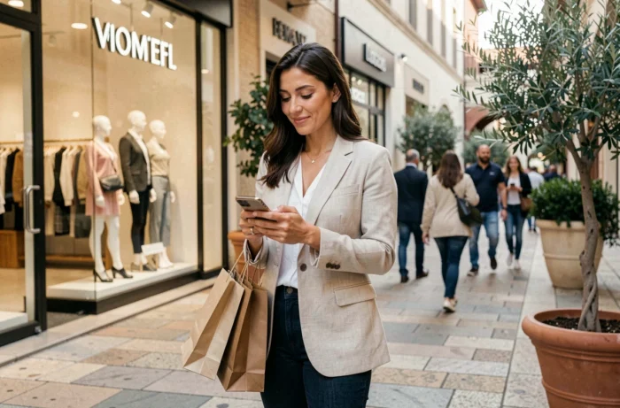 Femme faisant du shopping au Village des Marques Miramas avec sacs et smartphone