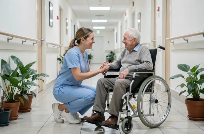 Une soignante professionnelle tenant la main d'un résident âgé en fauteuil roulant dans le couloir d'une maison de repos en Belgique