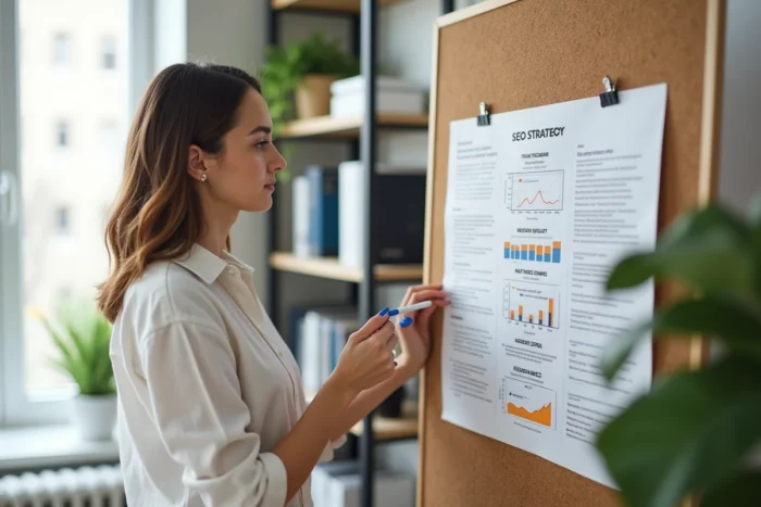 Jeune femme consultant une stratégie de référencement naturel affichée sur un tableau dans un bureau à domicile moderne