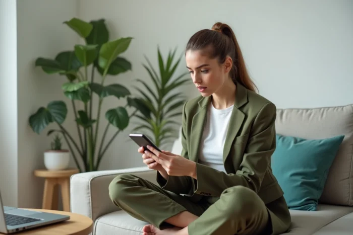 Jeune femme suivant l'actualité en temps réel sur smartphone depuis son bureau à domicile
