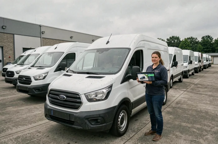 Superviseure logistique gérant une flotte de véhicules de livraison grâce à une application GPS de suivi de flotte dans un dépôt commercial
