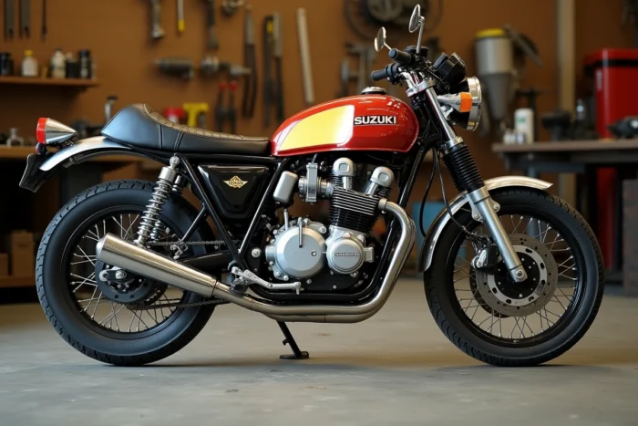 Suzuki GT 750 vintage garée dans un atelier mécanique authentique, vue trois quarts avant mettant en valeur le moteur trois cylindres et les échappements chromés