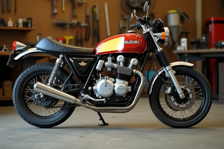 Suzuki GT 750 vintage garée dans un atelier mécanique authentique, vue trois quarts avant mettant en valeur le moteur trois cylindres et les échappements chromés