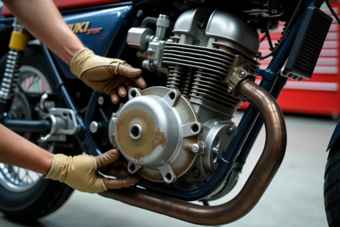 Inspection détaillée du système de refroidissement et de la pompe à eau d'une Suzuki GT 750, mains de mécanicien examinant les connexions et l'usure des joints