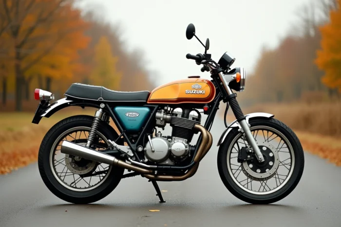 Suzuki GT 750 restaurée en extérieur sur une route de campagne en automne, vue de profil complète illustrant la silhouette emblématique de la moto japonaise vintage