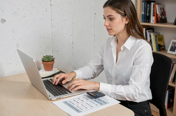Jeune femme consultant un tableau de conversion mètres carrés en litres sur son bureau à domicile