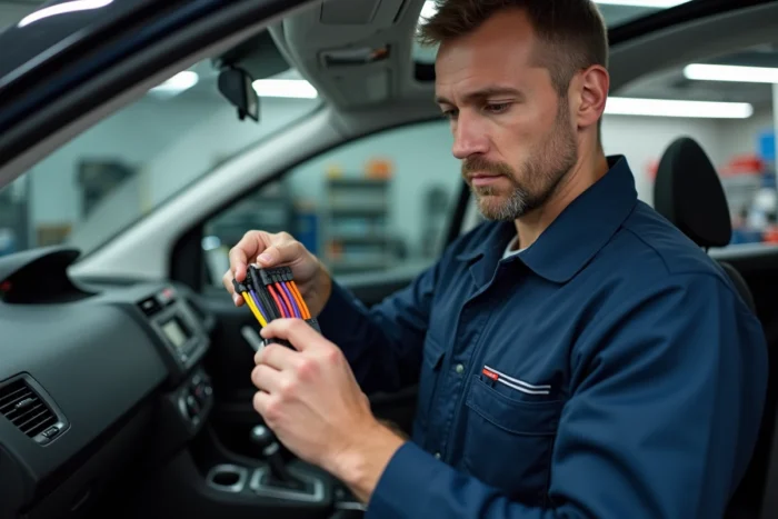 Technicien automobile tenant un faisceau de câbles multicolores pour autoradio Peugeot lors d'une installation Android Auto