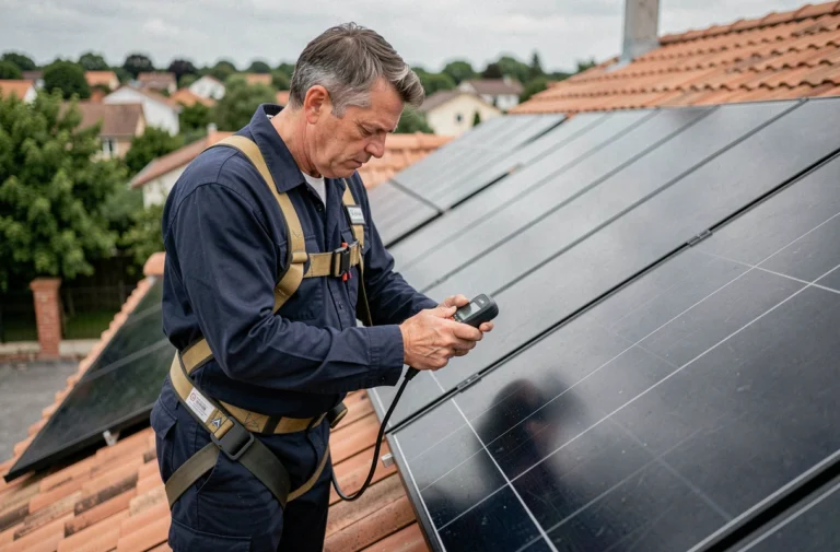 Technicien inspectant des panneaux solaires thermiques sur un toit résidentiel avec un appareil de diagnostic numérique