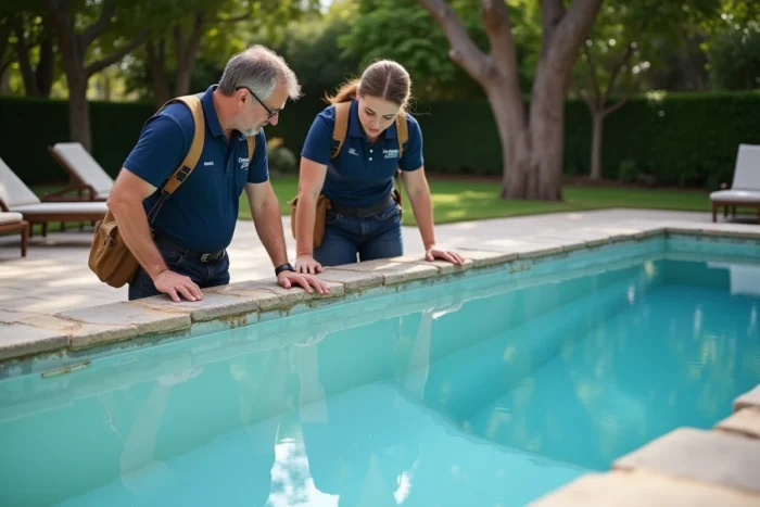 Deux techniciens inspectant l'intérieur vide d'une piscine endommagée pour évaluer les solutions de rénovation partielle
