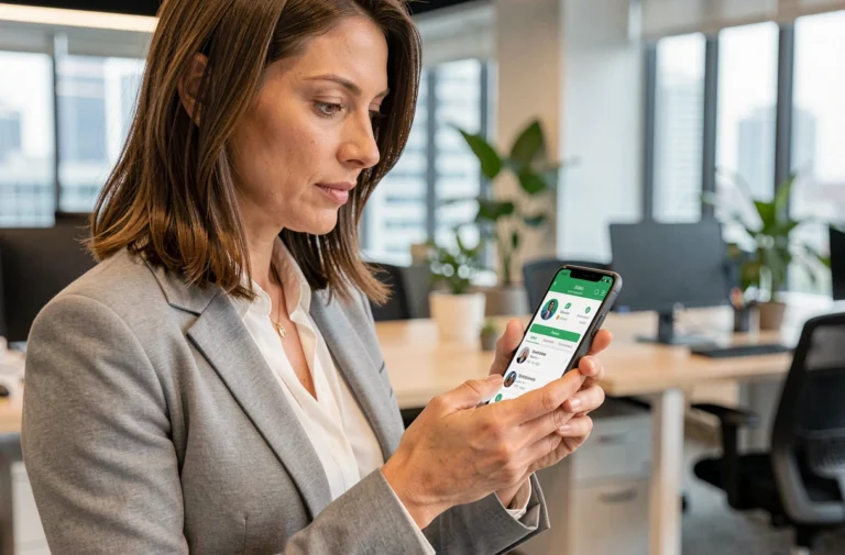 Femme en bureau téléchargeant l'application MyPeopleDoc sur un smartphone Android