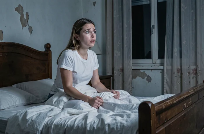 Jeune femme réveillée la nuit dans sa chambre, regard effrayé vers un coin sombre, témoignage de phénomène paranormal