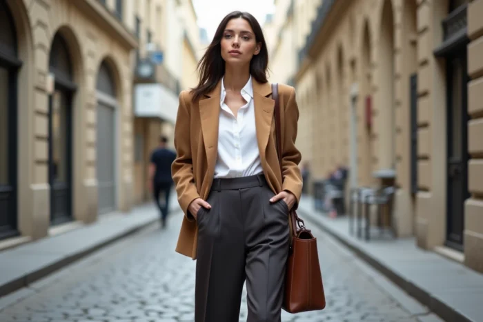 Femme élégante portant un blazer camel oversize et un pantalon large anthracite dans une rue pavée parisienne, tendances mode automne