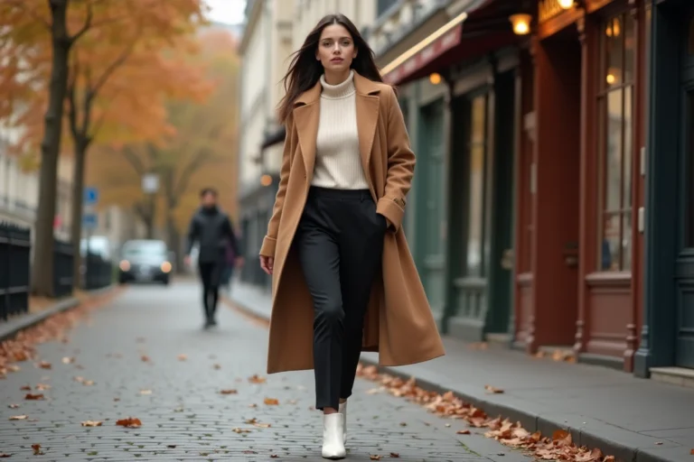 Femme élégante en manteau camel marchant dans une rue pavée parisienne en automne, tendances mode quotidien